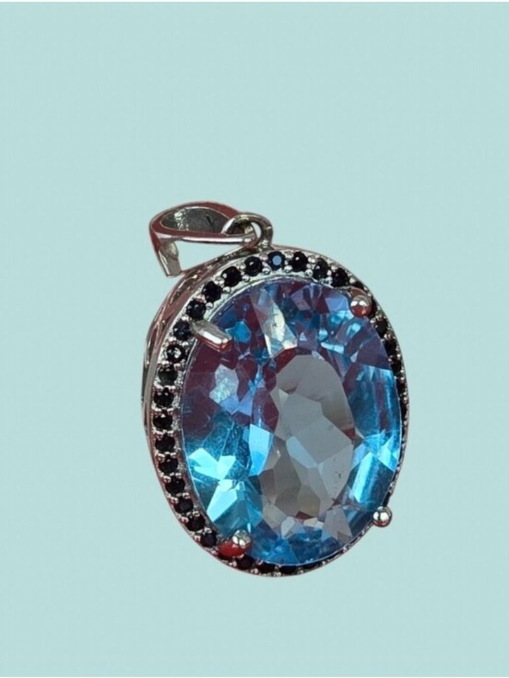 925 Sterling Silver Pendant 2x1.5cm with Natural Blue Topaz & Sapphire Gems